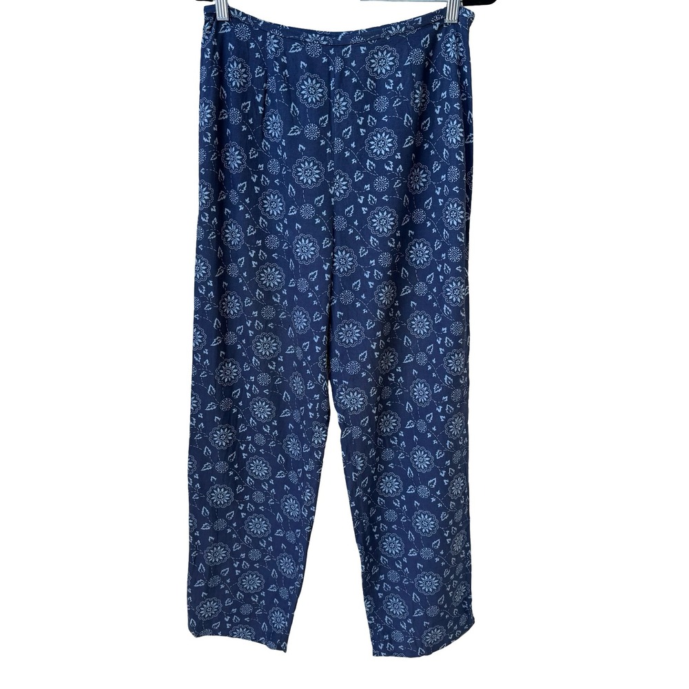 Style & Co Silk Linen Floral Coastal Boho Medallion Pants Navy Cottage Womens 12